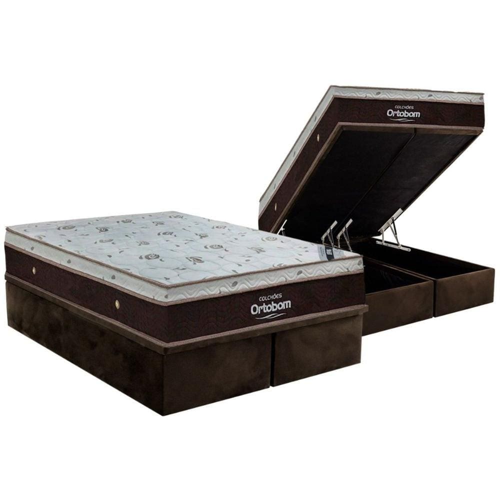 Cama Box Baú Queen: Colchão Molas Ensacadas Ortobom SuperPocket Sleep King Látex + Base CRC Suede Brown(158x198)