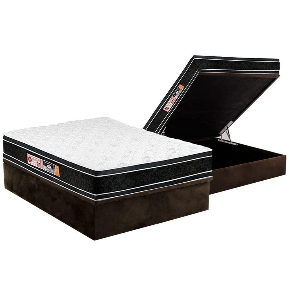 Conjunto Box Baú Casal: Colchão Espuma Castor D33 Black e White Air Double Face Euro Pillow + Base CRC Suede Brown(138x188)