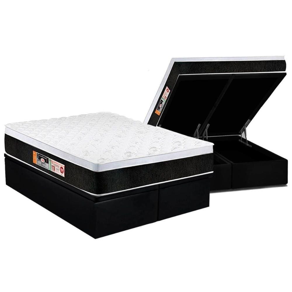 Conjunto Box Baú Queen: Colchão Espuma Castor D45 Black e White Air Euro Pillow + Base CRC Suede Black(158x198)