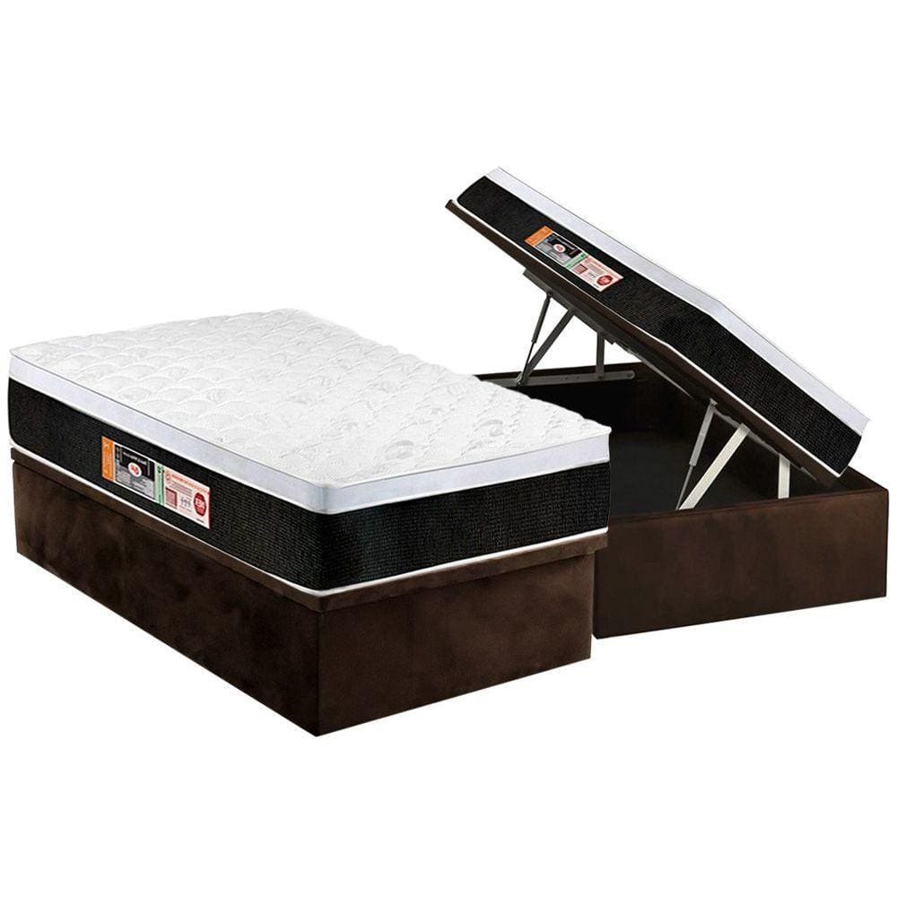 Conjunto Box Baú Solteiro: Colchão Espuma Castor D45 Black e White Air Euro Pillow + Base CRC Suede Brown(88x188)