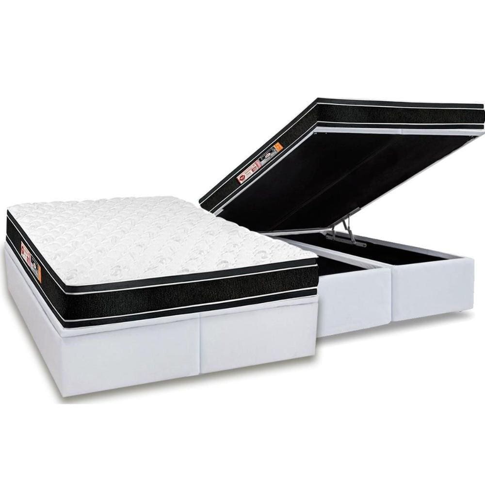 Conjunto Box Baú Queen: Colchão Espuma Castor D33 Black e White Air Euro Pillow + Base CRC Courano White(158x198)
