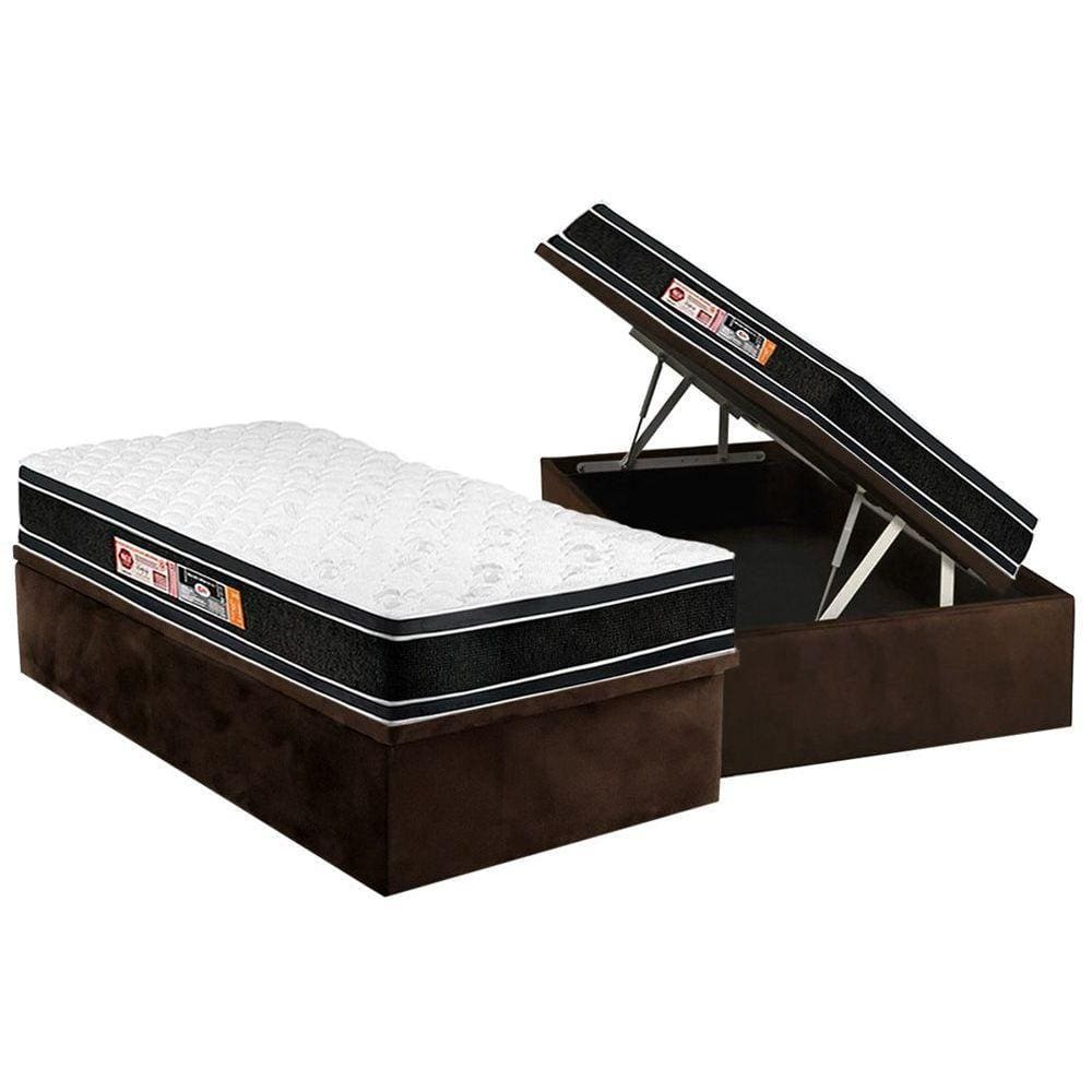 Conjunto Box Baú Solteiro: Colchão Espuma Castor D33 Black e White Air Euro Pillow + Base CRC Suede Brown(88x188)
