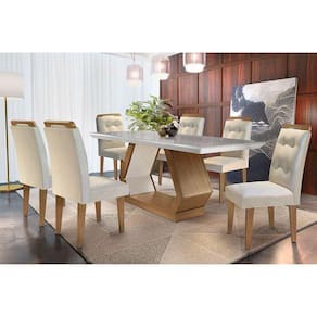 Sala de Jantar Completa Alvorada c/ Tampo Madeirado c/ Vidro Canto Reto 180cm + 6 Cadeiras Imperatriz Imbuia/Veludo Creme - Rufato