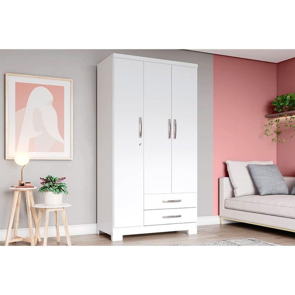 Guarda Roupa Solteiro 3 Portas e 2 Gavetas c/ Pés Açaí DA133 Branco/Rosa - Henn
