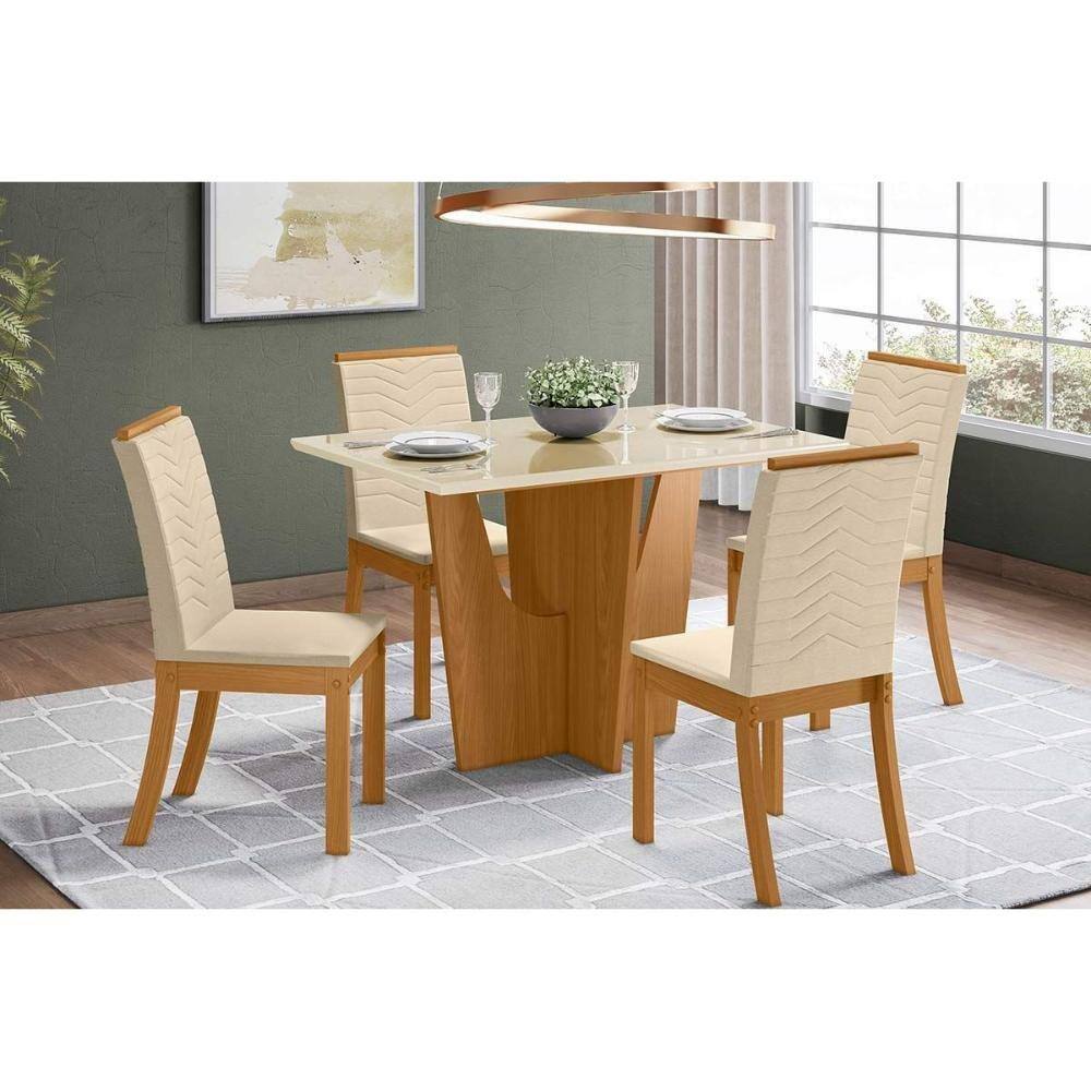 Sala de Jantar Completa Vértice Tampo Madeirado c/ Vidro Canto Reto 120x80cm e 4 Cadeiras Isa Nature/Veludo Light Linho - Henn
