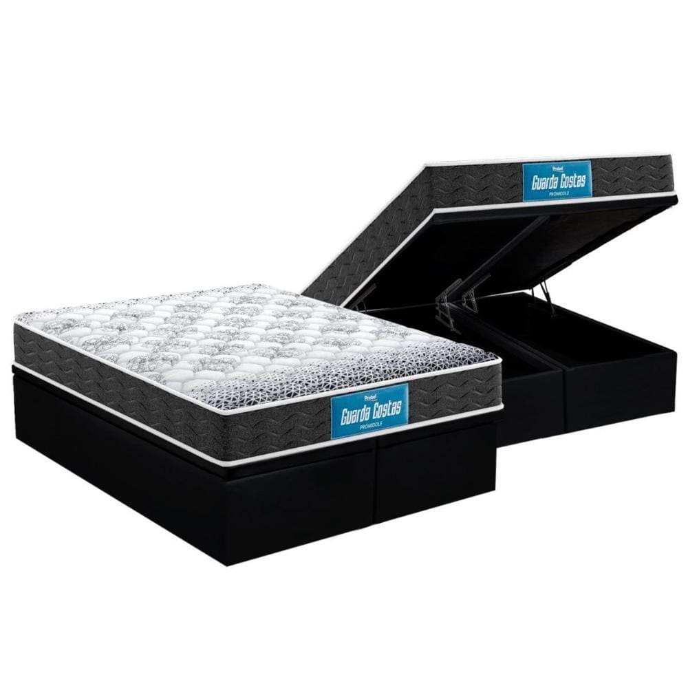 Cama Box Baú Queen: Colchão Anatômico Probel D28 / EP Guarda Costas PróMiddle Double Face + Base CRC Suede Black(158x198)