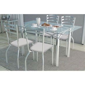 Sala de Jantar Completa Elba c/ Tampo Vidro 120cm + 4 Cadeiras Portugal Cromada - Assento Branco 106 - Kappesberg