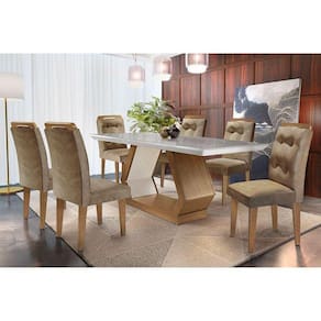 Conjunto: Mesa Sala Jantar Alvorada Tampo Madeirado c/ Vidro 180cm Canto Reto + 6 Cadeiras Imperatriz Imbuia/Chocolate - Rufato