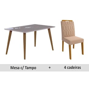 Conjunto: Mesa Sala Jantar Adele c/ Tampo Madeirado c/ Vidro 130cm + 4 Cadeiras Paola Savana/OW/Madeira/Nude - Cimol