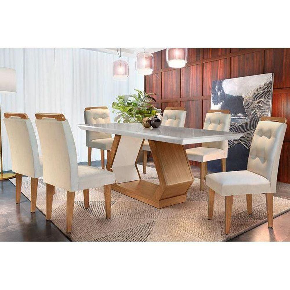 Conjunto: Mesa Sala Jantar Alvorada c/ Tampo Madeirado Canto Reto 180cm + 6 Cadeiras Imperatriz Imbuia/Creme - Rufato