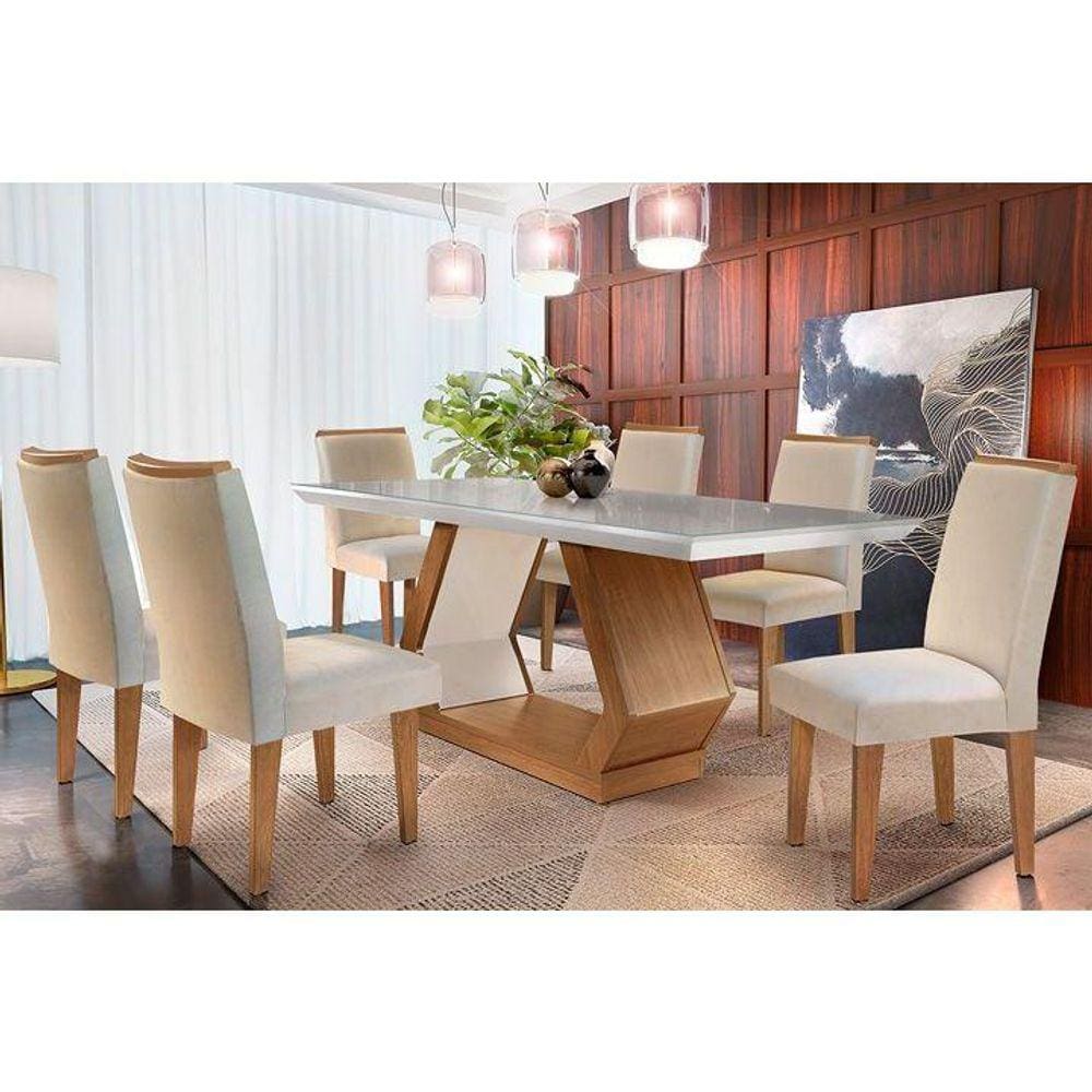Conjunto: Mesa Sala Jantar Alvorada Tampo Madeirado c/ Vidro 180cm Canto Reto + 6 Cadeiras Lunara Imbuia/Creme - Rufato
