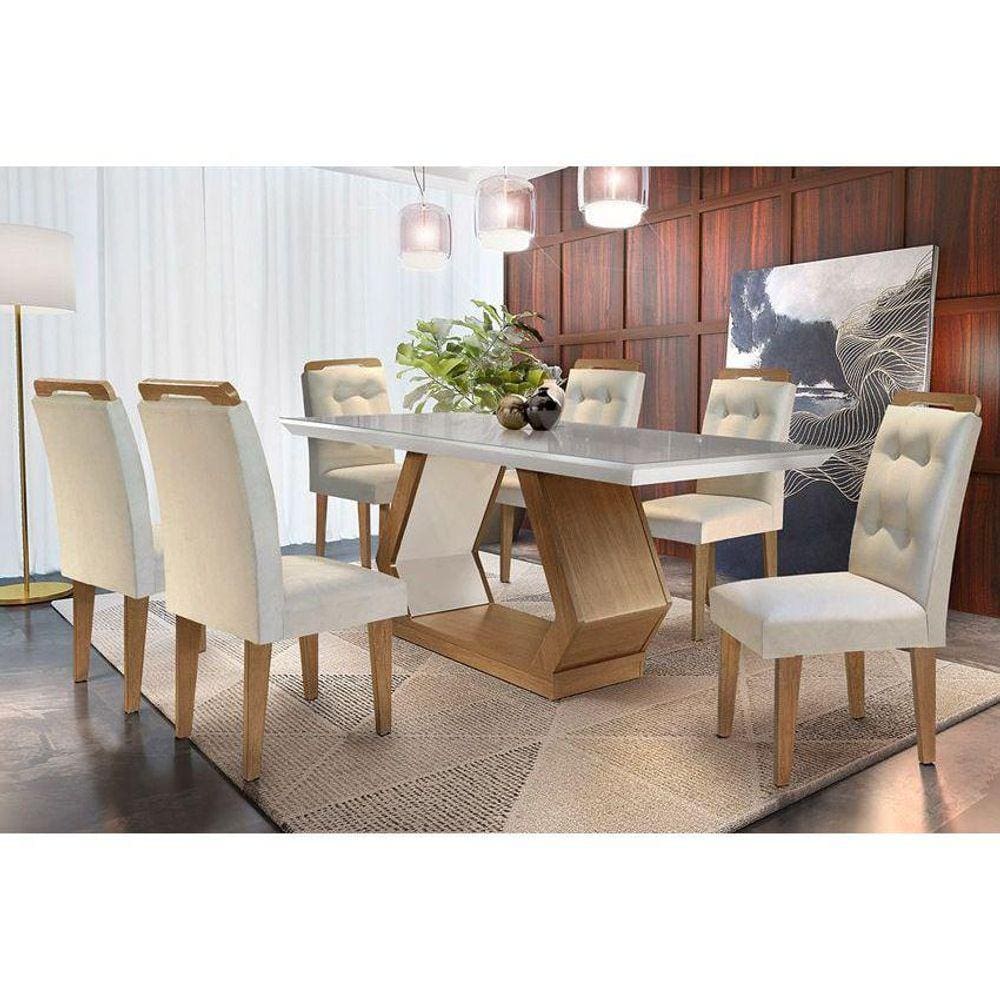 Conjunto: Mesa Sala Jantar Alvorada c/ Tampo Madeirado c/ Vidro Canto Reto 180cm + 6 Cadeiras Imperatriz Imbuia/Creme - Rufato