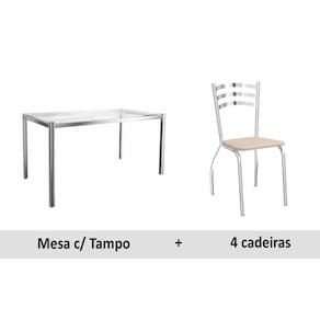 Conjunto: Mesa Sala Jantar Reno c/ Tampo de Vidro 150cm + 4 Cadeiras Portugal Cromado/Courano Nude - Kappesberg