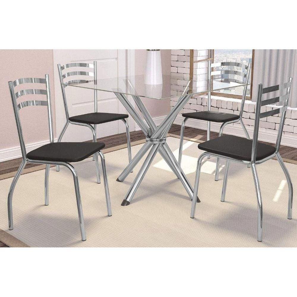 Conjunto: Mesa Sala Jantar Volga c/ Tampo de Vidro 90cm + 4 Cadeiras Portugal Cromado/Courano Preto - Kappesberg