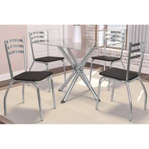Conjunto: Mesa Sala Jantar Volga c/ Tampo de Vidro 90cm + 4 Cadeiras Portugal Cromado/Courano Preto - Kappesberg