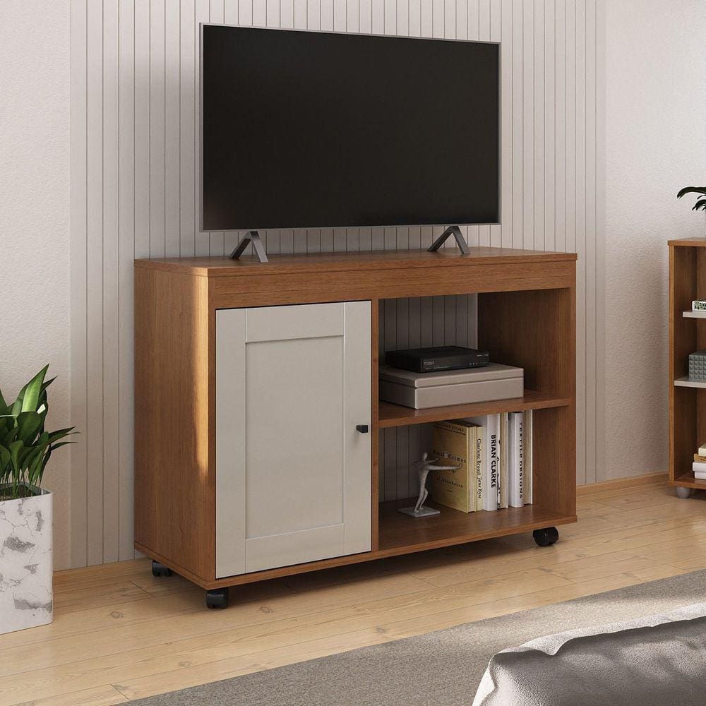 Rack para Tv até 49 Polegadas com Rodizios com Porta Almofadada Zoom Cinamomo/Off White