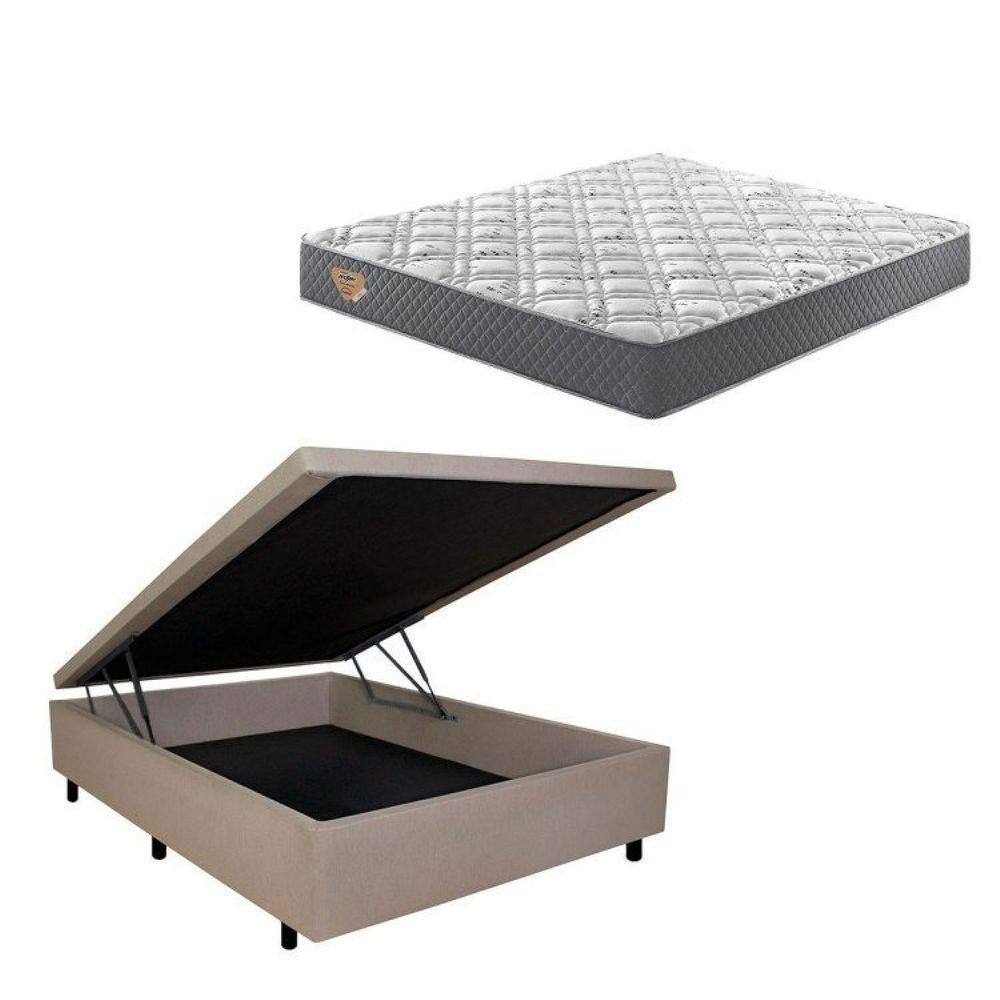 Conjunto Cama Box Baú Casal 138x188cm em Courino com Colchão Adapto Molas Ensacadas Bege/Cinza