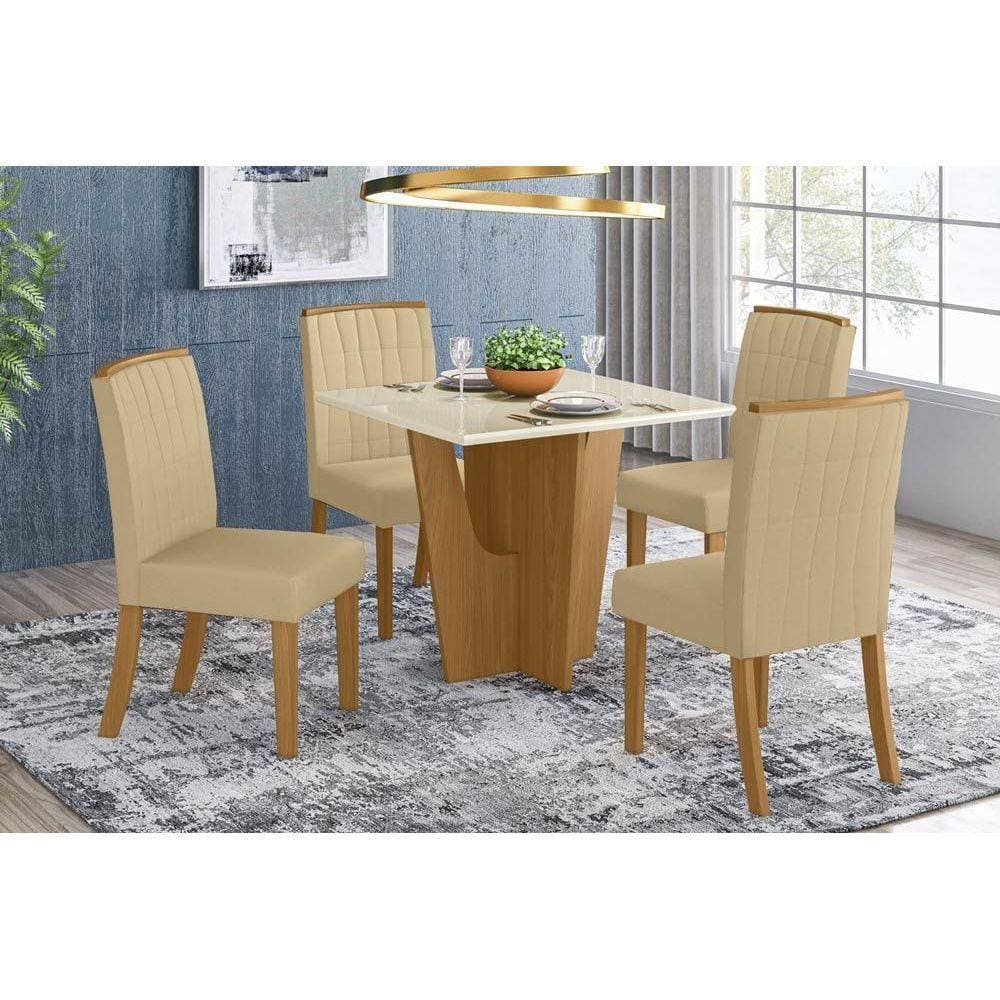 Sala de Jantar Completa Vértice c/ Tampo Madeirado 90cm + 4 Cadeiras Tauá Nature/Veludo Light Linho - Henn