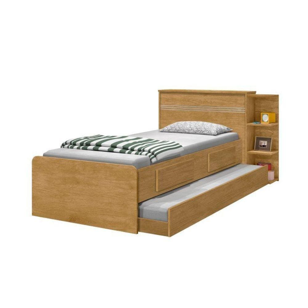 Cama Solteiro com Baú 2 Gavetas e Cama Auxiliar Jade Marrom
