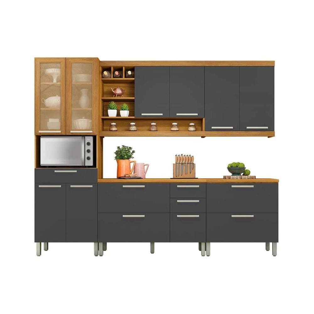 Kit de Cozinha Modulada 4 Peças Burguesa Premium 5 Peças (2 Balcões + 2 Aéreos + 1 Paneleiro) C5P26 Freijo/Grafite - Nesher