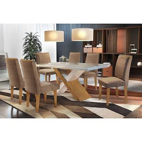 Conjunto: Mesa Sala Jantar Imperatriz c/ Tampo Madeirado Canto Reto 180cm + 6 Cadeiras Lunara Imbuia/Chocolate - Rufato