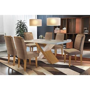 Conjunto: Mesa Sala Jantar Imperatriz c/ Tampo Madeirado Canto Reto 180cm + 6 Cadeiras Athenas Imbuia/Chocolate - Rufato
