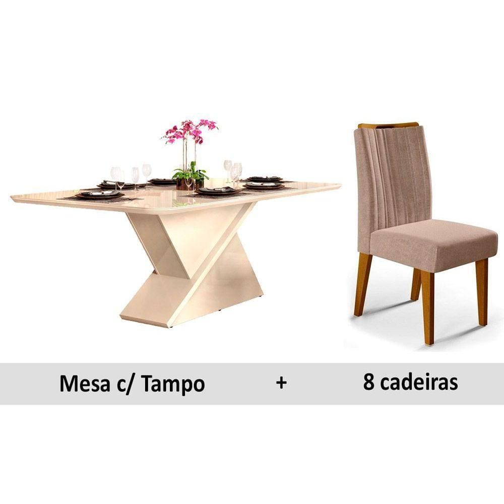 Conjunto: Mesa Sala Jantar Zafira Madeirado c/ Vidro 200cm + 8 Cadeiras Ísis Ipê/OW/Kraft - DJ Móveis