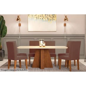 Conjunto: Mesa Sala Jantar Maitê c/ Tampo Madeirado c/ Vidro 160cm + 6 Cadeiras Milena Savana/OW/Chocolate - Cimol