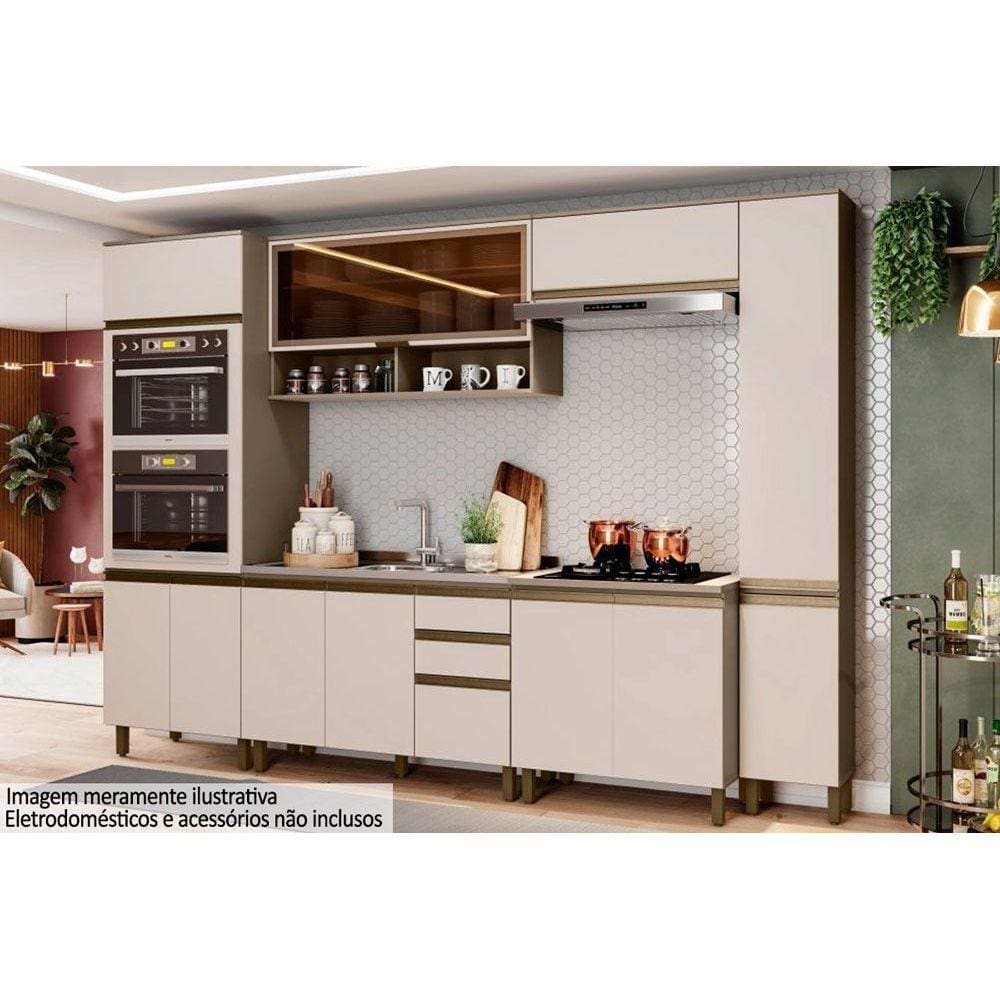 Cozinha Modulada Completa Connect 8 Peças (2 Armários + 2 Balcões + 2 Paneleiros + 2 Complementos) C8P12 Duna/Cristal - Henn