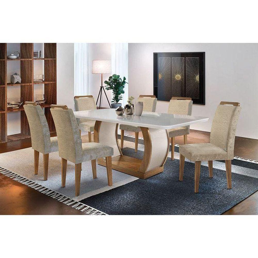 Conjunto: Mesa Sala Jantar Jade c/ Tampo Madeirado c/ Vidro Canto Curvo 180cm + 6 Cadeiras Athenas Imbuia/Capuccino Chocolate - Rufato