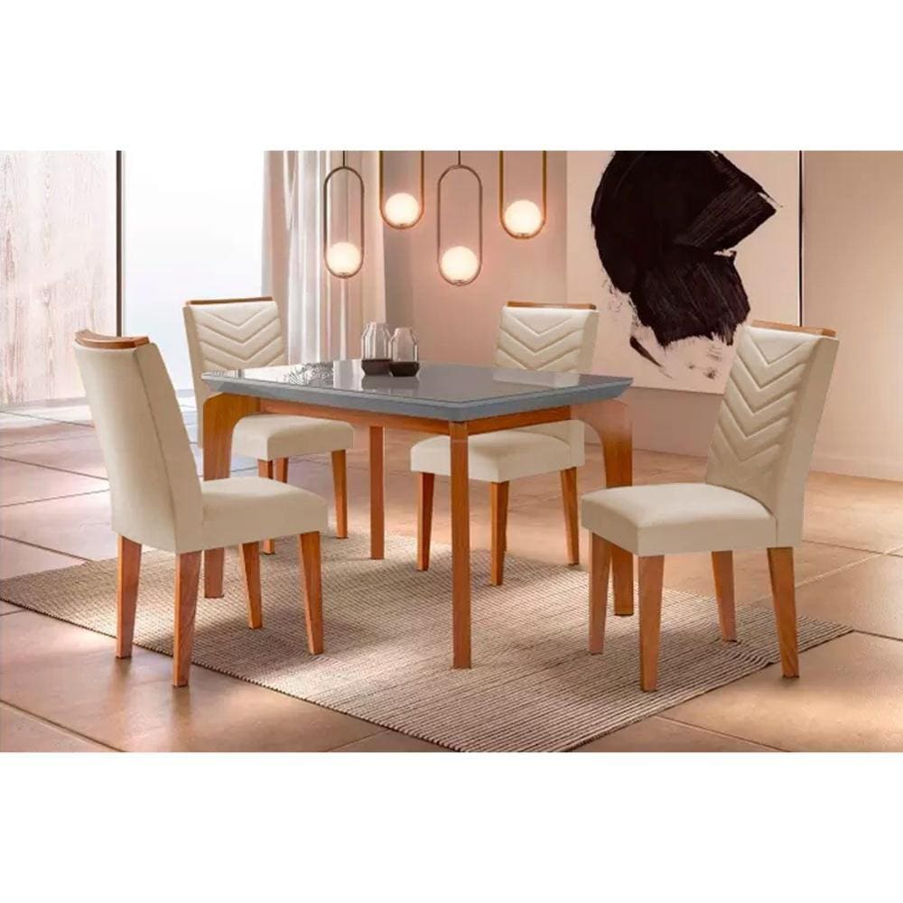Conjunto: Mesa Sala Jantar Londrina Tampo Madeirado c/ Vidro 120cm + 4 Cadeiras Londrina Imbuia/Veludo Creme - Rufato