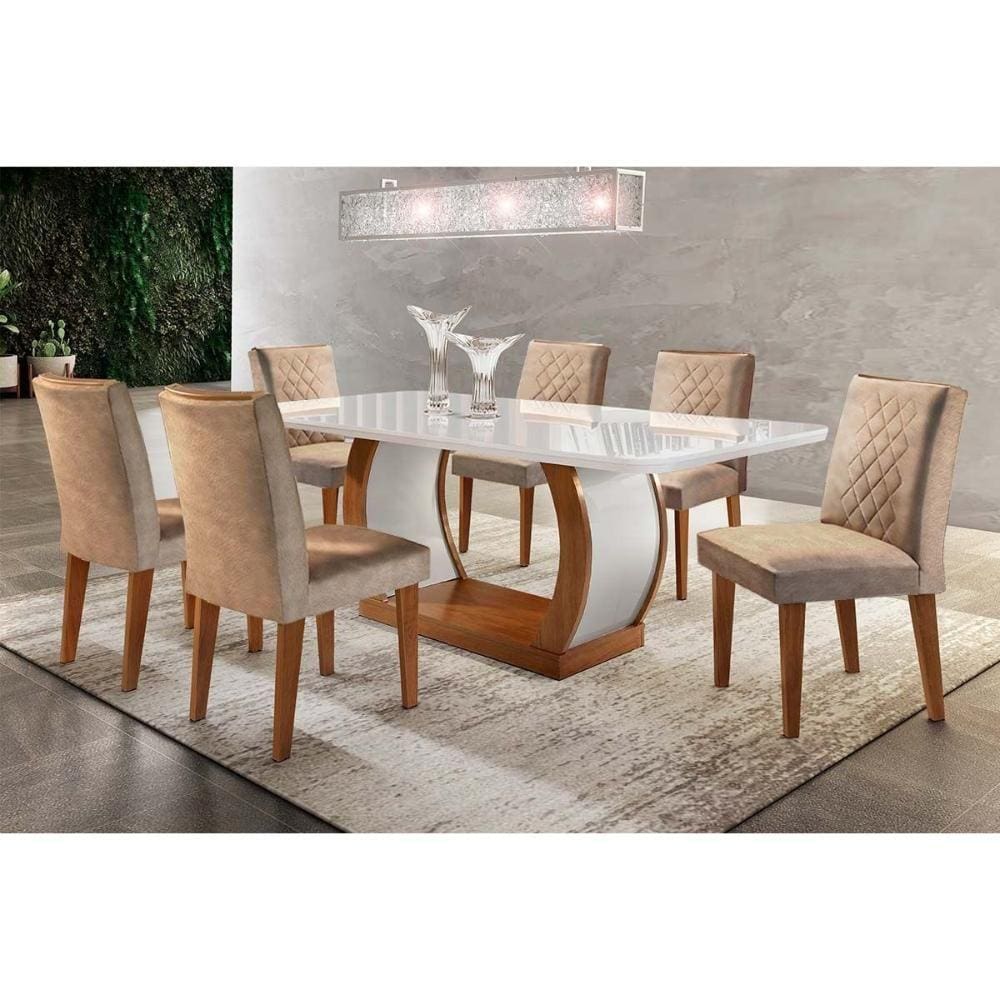 Conjunto: Mesa Sala Jantar Jade Tampo Madeirado c/ Vidro 180cm Canto Reto + 6 Cadeiras Jade Imbuia/Chocolate - Rufato
