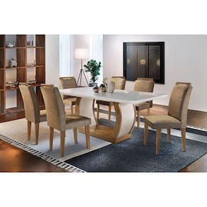 Conjunto: Mesa Sala Jantar Jade c/ Tampo Madeirado c/ Vidro Canto Curvo 180cm + 6 Cadeiras Athenas Imbuia/Chocolate Capuccino - Rufato
