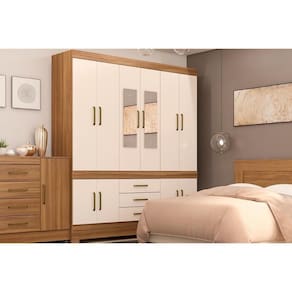 Guarda Roupa Casal 10 Portas e 3 Gavetas c/ Espelho c/Pés New Murano Amêndola/Off White - Demóbile