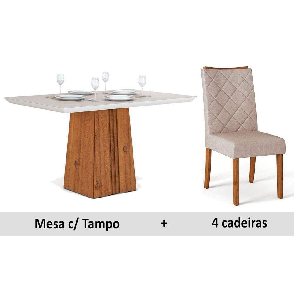 Conjunto: Mesa Sala Jantar Itália c/ Tampo Madeirado c/ Vidro 120cm + 4 Cadeiras Golden Terrara/OW/Claro - DJ Móveis