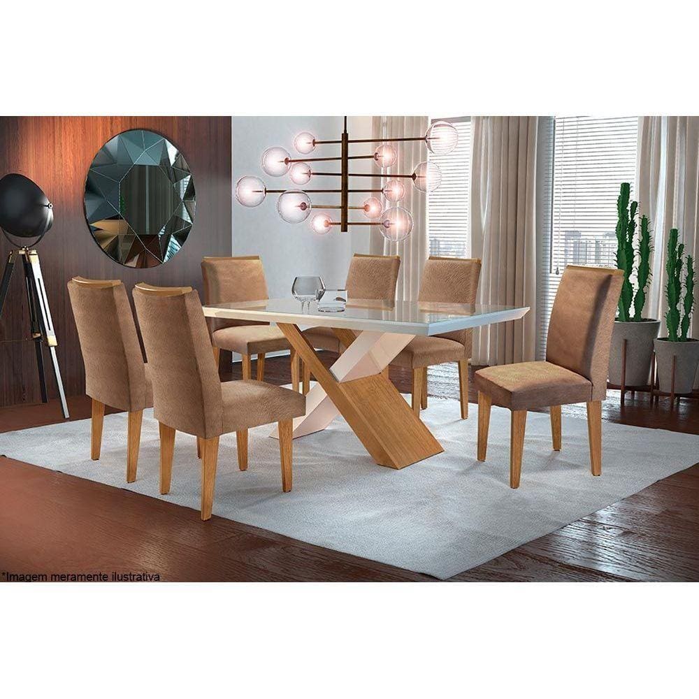 Conjunto: Mesa Sala Jantar Imperatriz c/ Tampo Madeirado c/ Vidro Canto Reto 180cm + 6 Cadeiras Lunara Imbuia/OW/Chocolate - Rufato