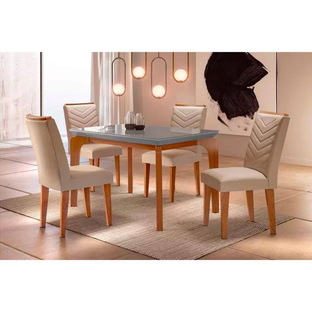 Conjunto: Mesa Sala Jantar Londrina Tampo Madeirado c/ Vidro 120cm + 4 Cadeiras Londrina Imbuia/Linho Turim - Rufato