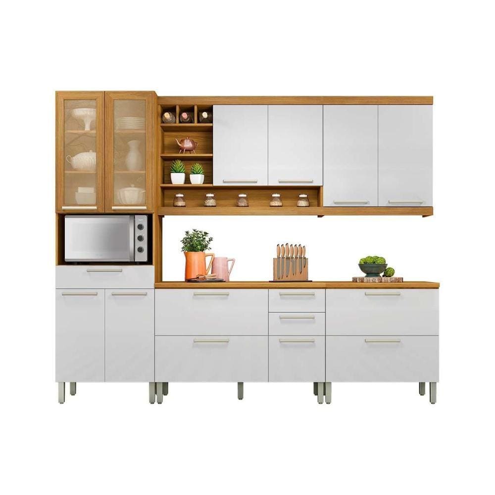 Cozinha Modulada Nesher Burguesa  Premium 5 Peças (2 Balcões + 2 Aéreos + 1 Paneleiro) C5P26 Freijó/Branco