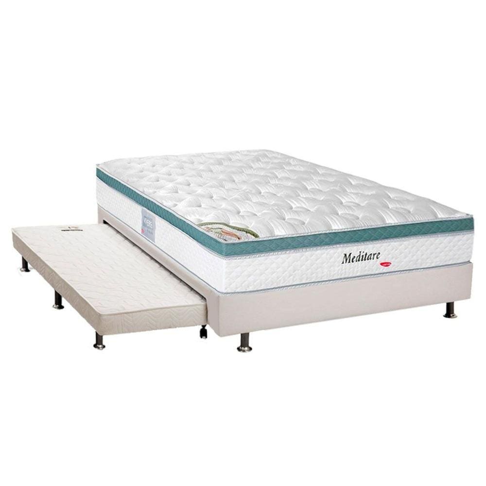 Cama Box c/Auxiliar Casal: Colchão Herval MasterPocket Meditare + Base CRC Courano Branco(138x188)