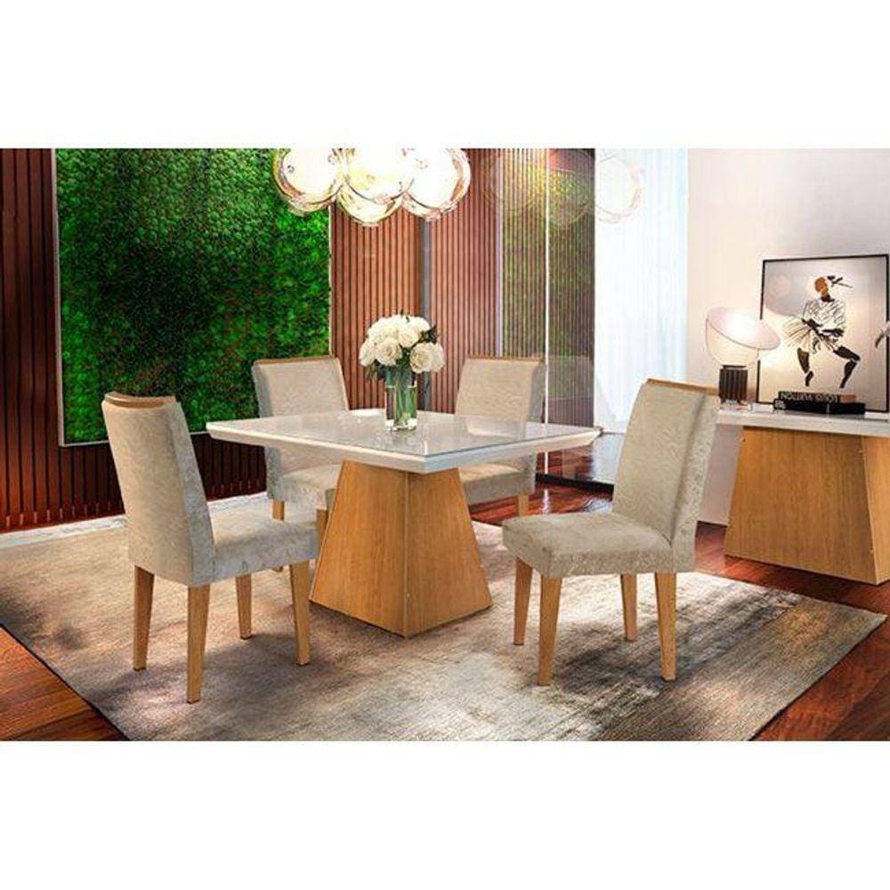 Conjunto: Mesa Sala Jantar Luna c/ Tampo Madeirado c/ Vidro Canto Reto 120cm + 4 Cadeiras Lunara Imbuia/Chocolate - Rufato