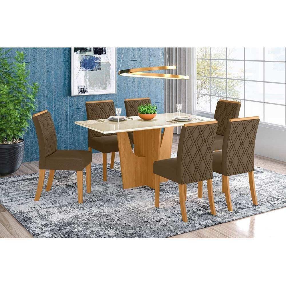 Conjunto: Mesa Sala Jantar Vértice c/ Tampo Madeirado 160cm + 6 Cadeiras Vita Nature/Veludo Light Bege Vanilla - Henn