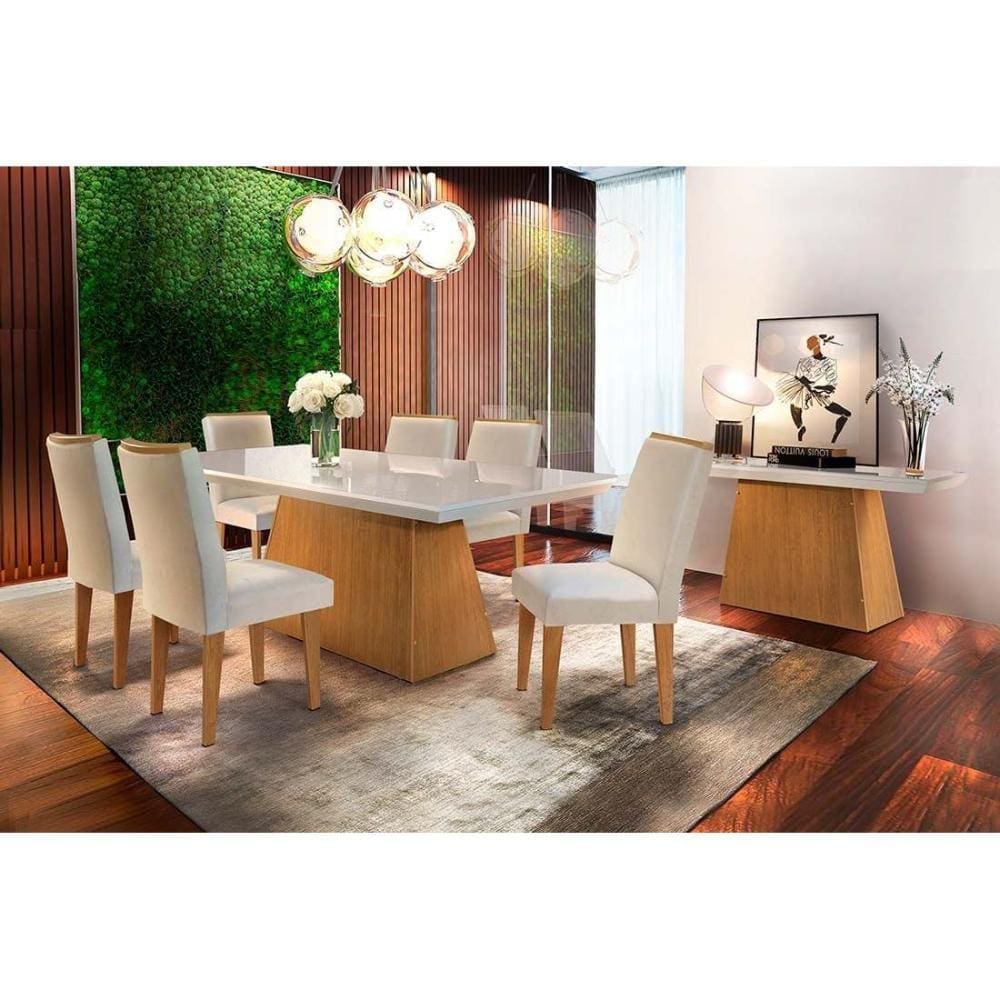 Conjunto: Mesa Sala Jantar Luna Tampo Madeirado c/ Vidro 180cm Canto Reto + 6 Cadeiras Lunara Imbuia/Creme - Rufato