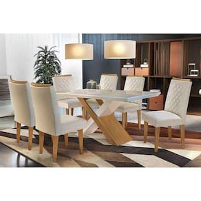Conjunto: Mesa Sala Jantar Imperatriz c/ Tampo Madeirado Canto Reto 180cm + 6 Cadeiras Jade Imbuia/Creme - Rufato
