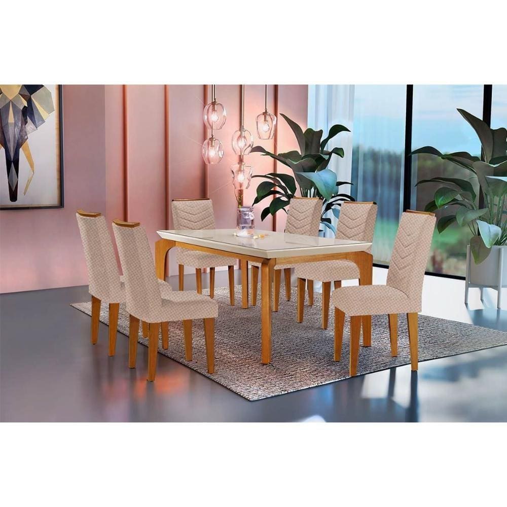 Conjunto: Mesa Sala Jantar Londrina c/ Tampo Madeirado c/ Vidro 180cm + 6 Cadeiras Londrina Imbuia/Linho Bege - Rufato