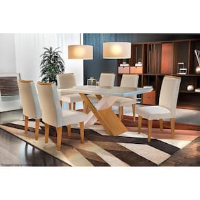 Conjunto: Mesa Sala Jantar Imperatriz c/ Tampo Madeirado c/ Vidro Canto Reto 180cm + 6 Cadeiras Lunara Imbuia/OW/Creme - Rufato