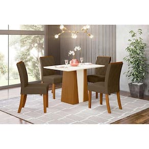 Conjunto: Mesa Sala Jantar Orus c/ Tampo Madeirado 120cm + 4 Cadeiras Vita Nature/Veludo Light Bege Vanilla - Henn