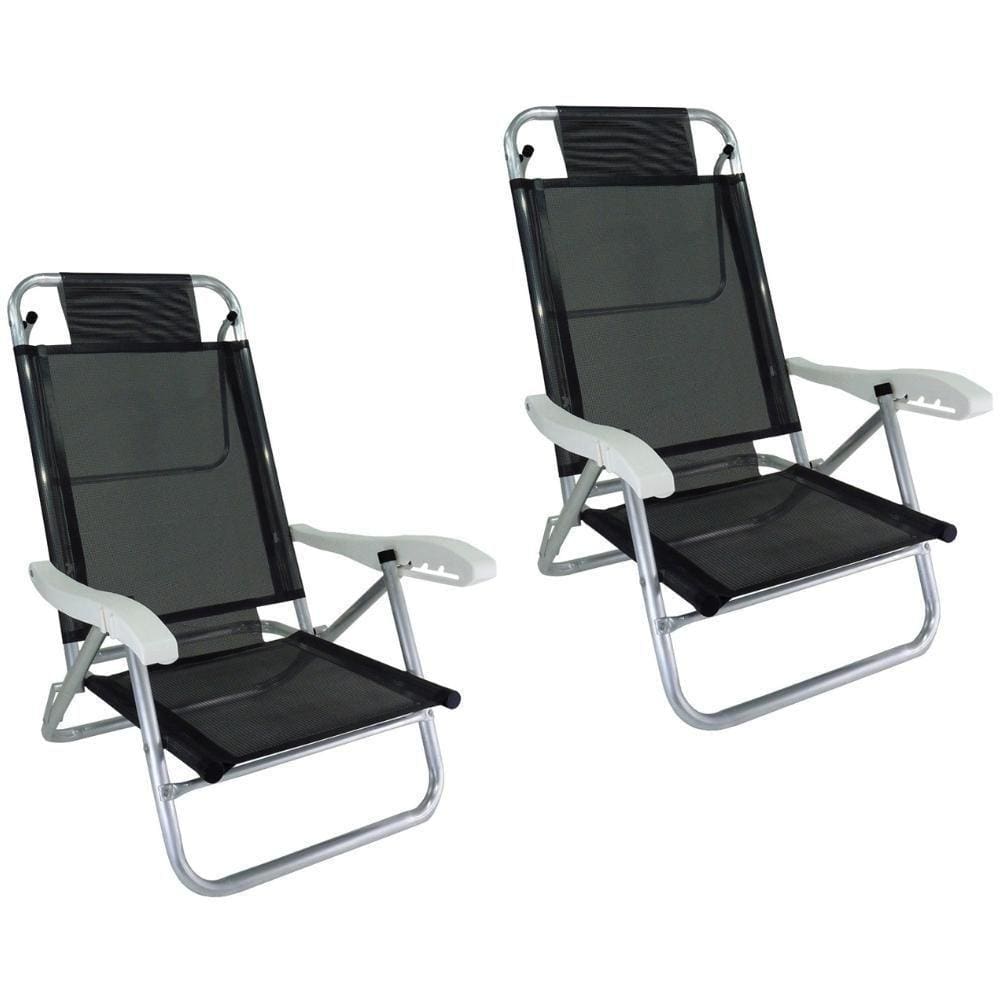 Kit 2 Cadeira De Praia Alumínio 5 Posições Preto Zaka