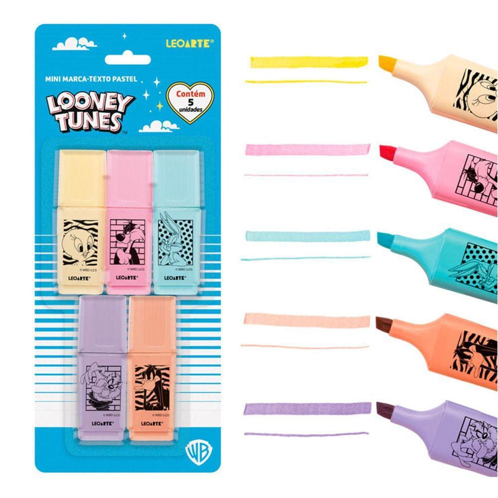 Caneta Marca-Texto 5 Cores Pastel Looney Tunes Seca Rapido