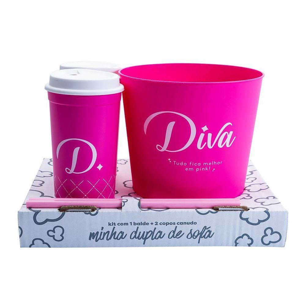 Kit Copos Com Canudo E Balde De Pipoca Uatt - Diva Classica