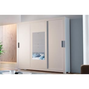 Guarda Roupa Casal 3 Portas de Correr e 4 Gavetas c/ Espelho e Pés Veneza Premium Branco - Rufato